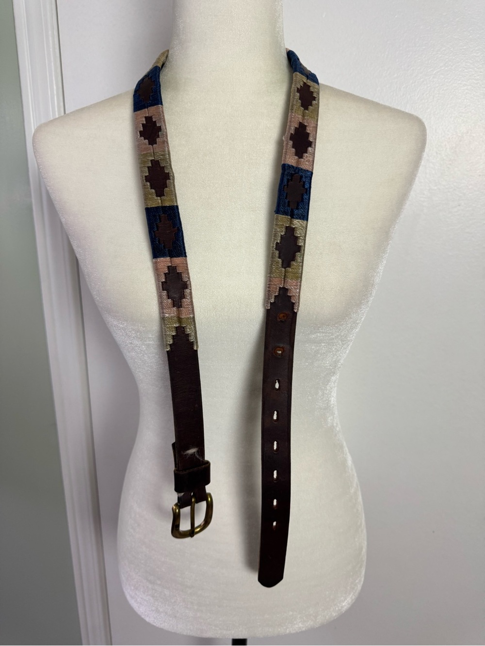 Vintage Handwoven Patterned Leather Strap Belt - Brown & Multicolour